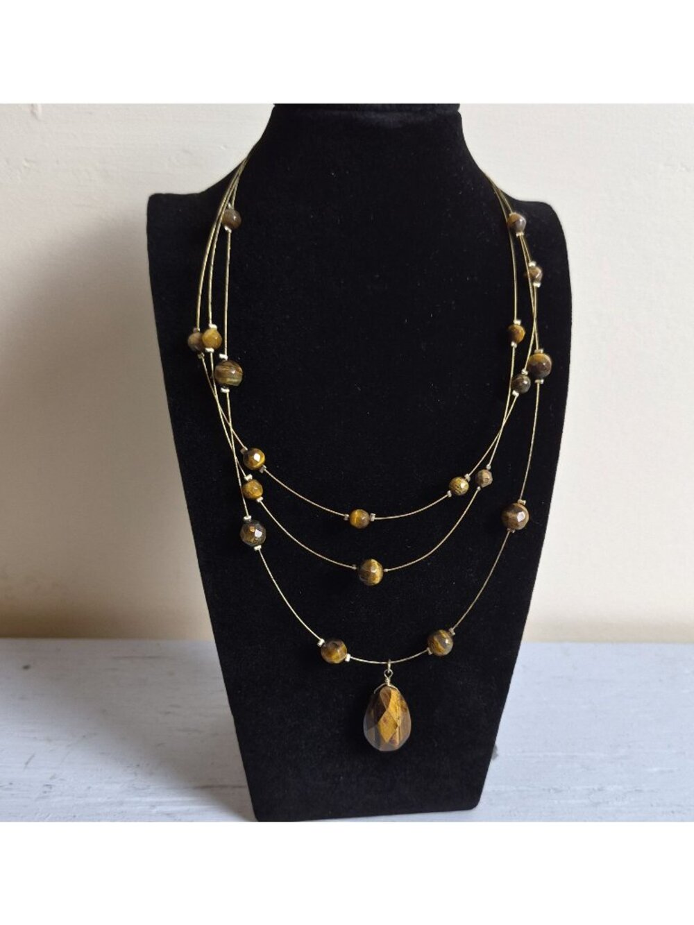 Tiger's Eye 3 Strand Necklace Faceted Pendant 10K Clasp As Is Repair